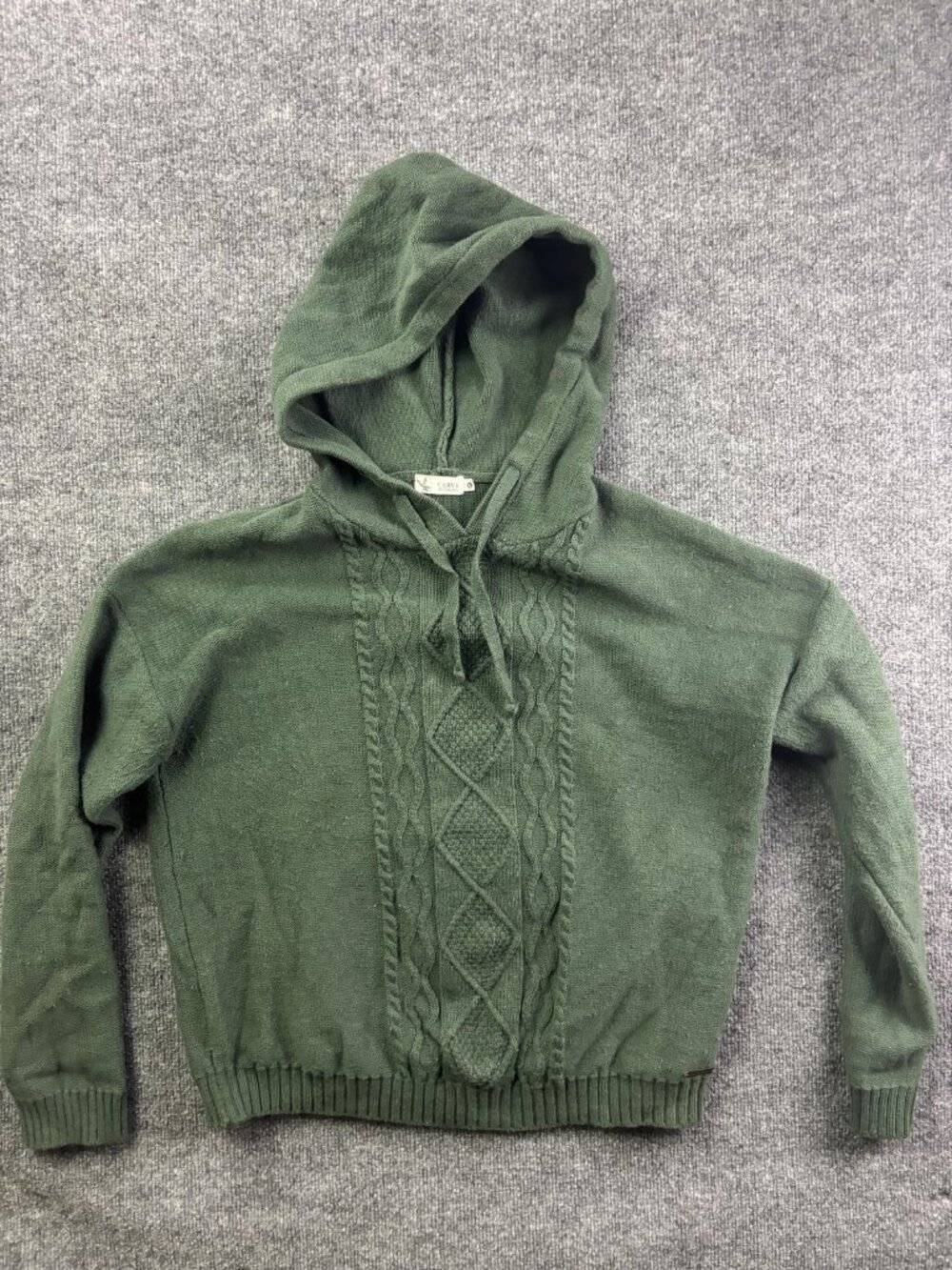 Carve Designs Sweater Womens Large Green V Neck Hooded Cable Knit Pullover